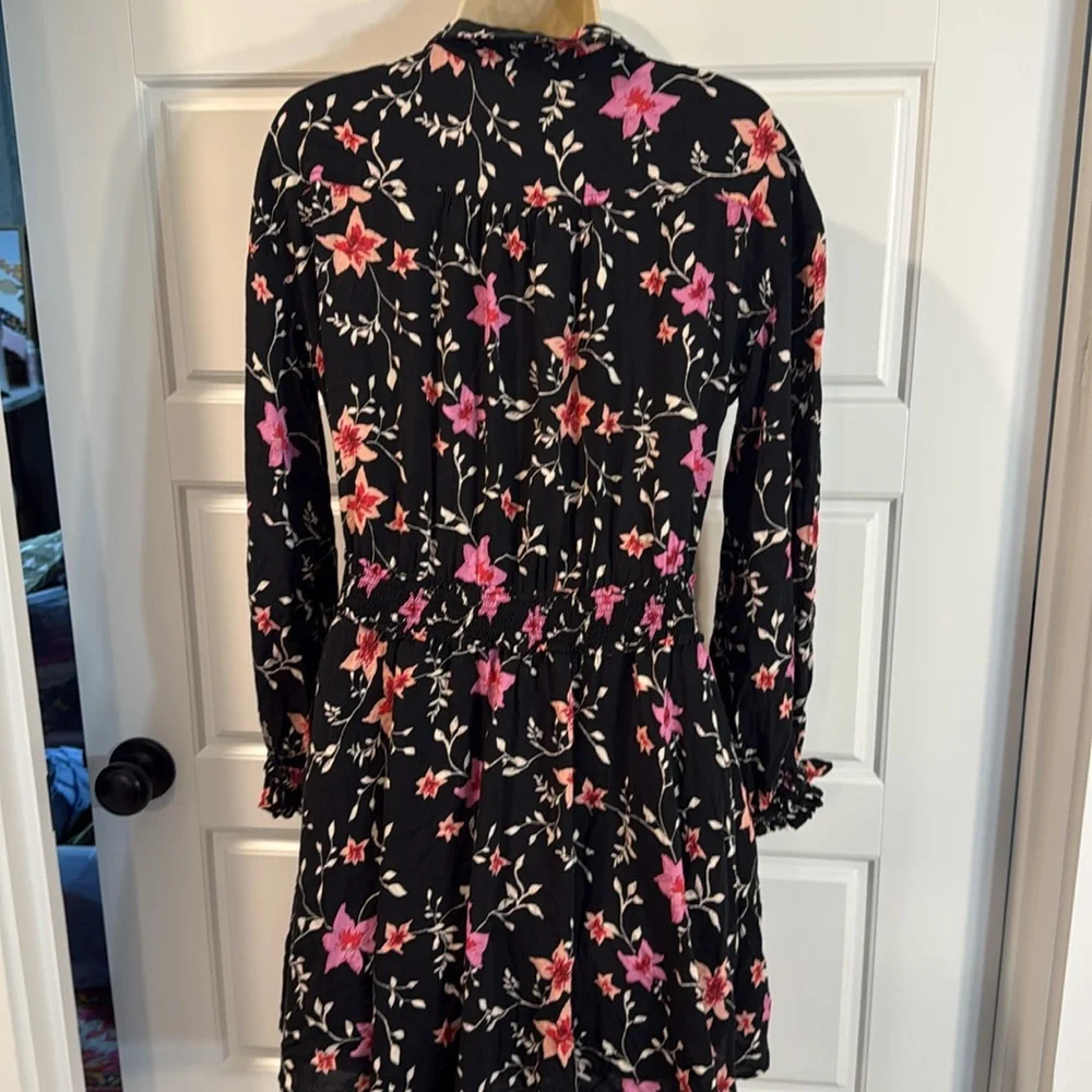 Free People Lighten-Up Mini Dress Black Floral Print Long Sleeve XS